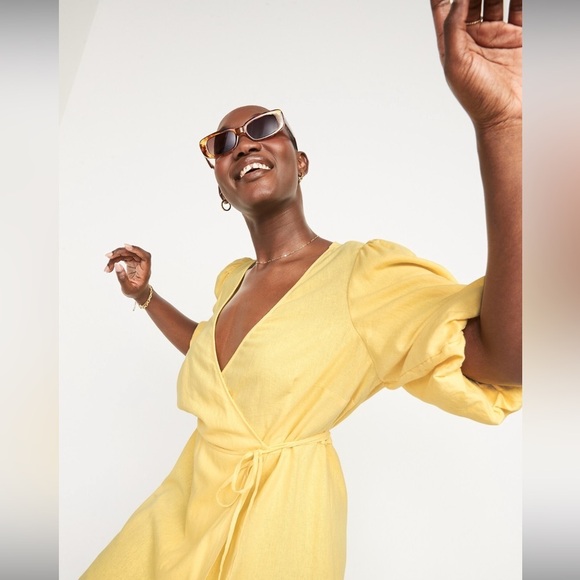 Old Navy Linen Waist Define Puff Sleeve Wrap Dress Morning Sun - Picture 5 of 15